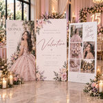 Pink quinceañera photo board display with a portrait panel, welcome sign + photo collage
