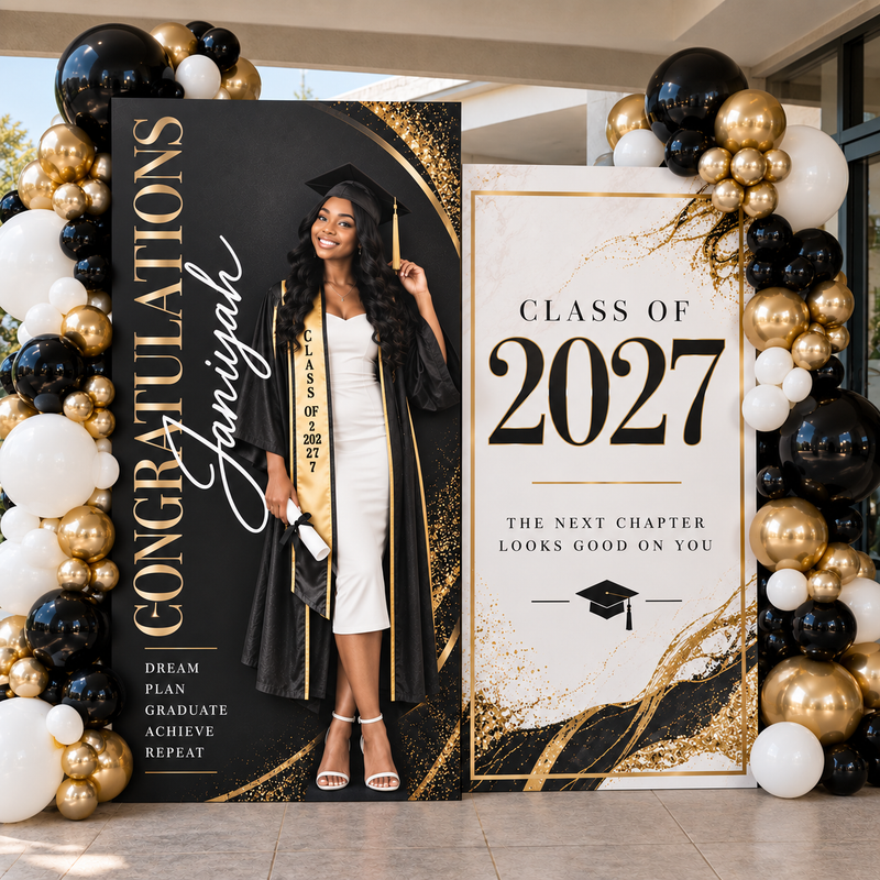 Black, white + gold graduation photo board display with a graduate portrait and Class of 2027 panel