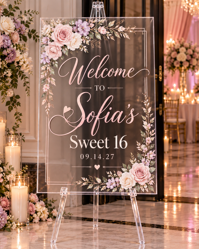 Custom acrylic celebration welcome sign without photo by Ten23 Designs