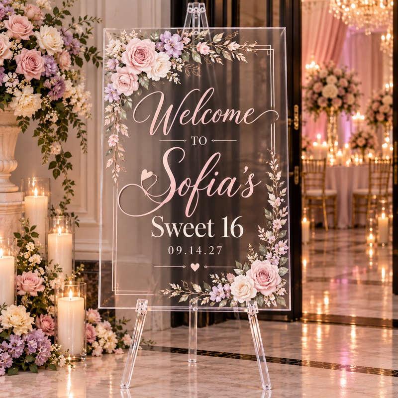 Custom acrylic celebration welcome sign without photo by Ten23 Designs