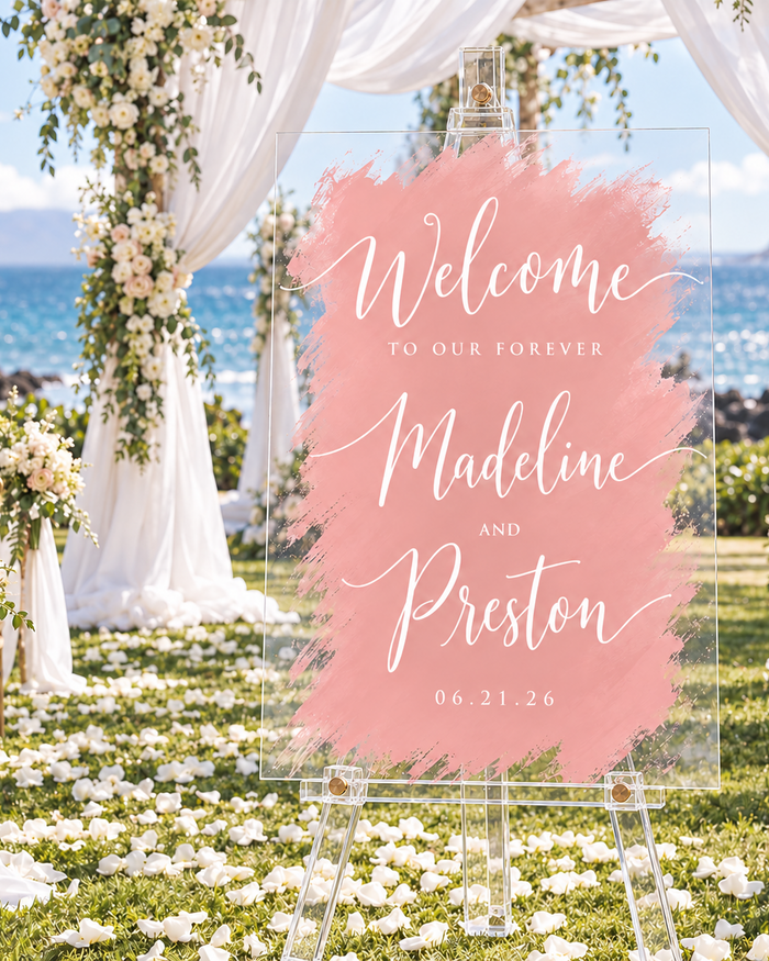 Blush brushstroke custom acrylic wedding welcome sign by Ten23 Designs