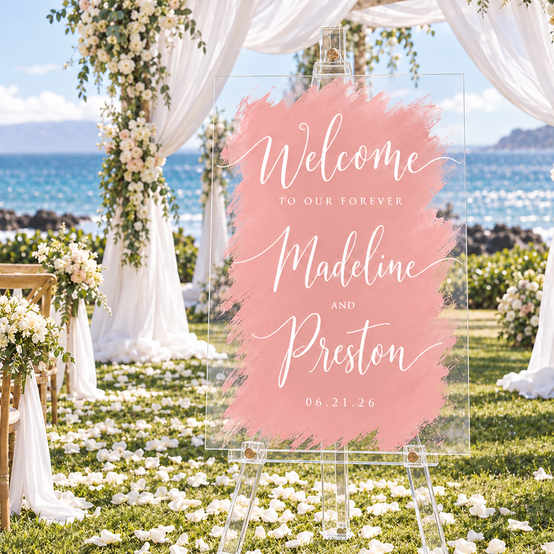 Blush brushstroke custom acrylic wedding welcome sign by Ten23 Designs