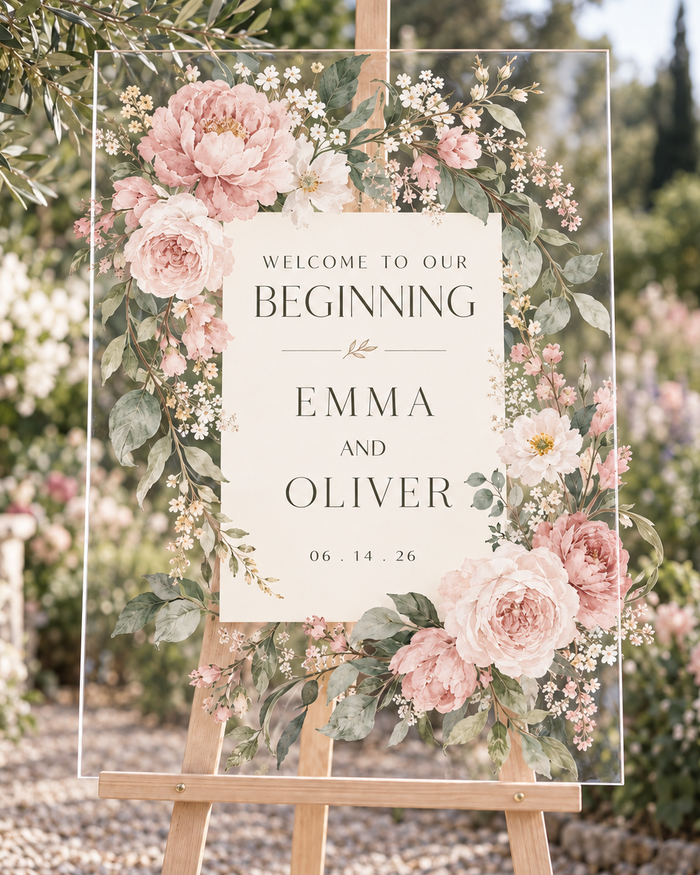 Blush floral custom acrylic wedding welcome sign by Ten23 Designs