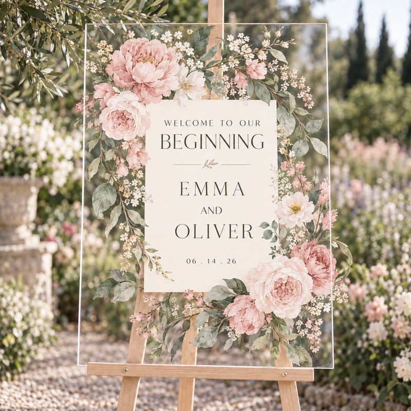 Blush floral custom acrylic wedding welcome sign by Ten23 Designs