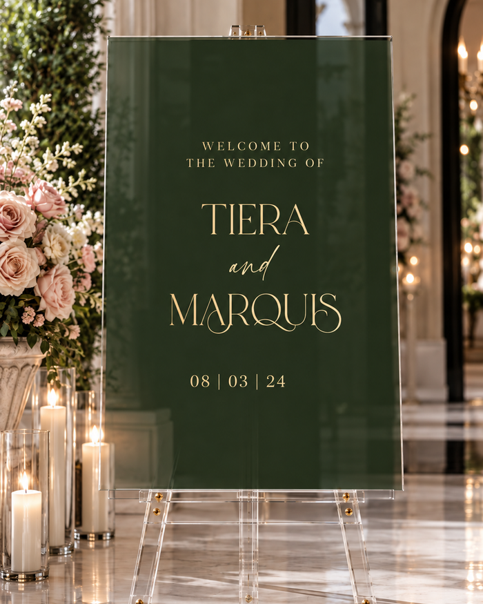 Modern green custom acrylic wedding welcome sign by Ten23 Designs