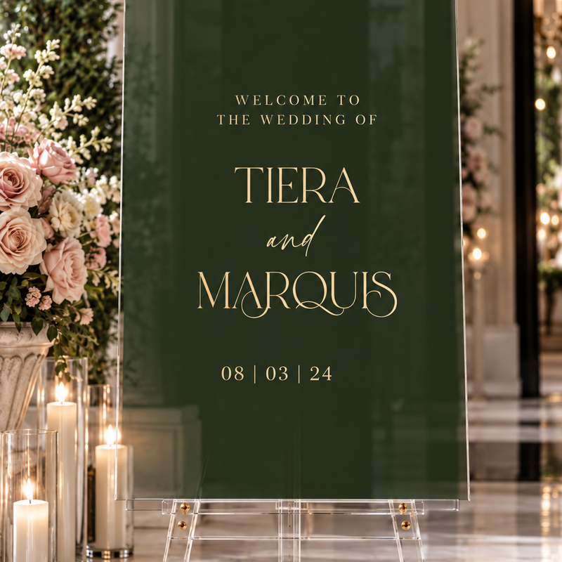 Modern green custom acrylic wedding welcome sign by Ten23 Designs