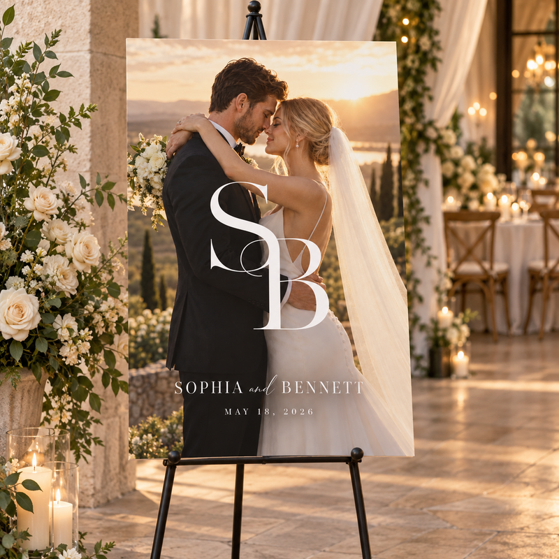 Photo monogram custom acrylic wedding welcome sign by Ten23 Designs