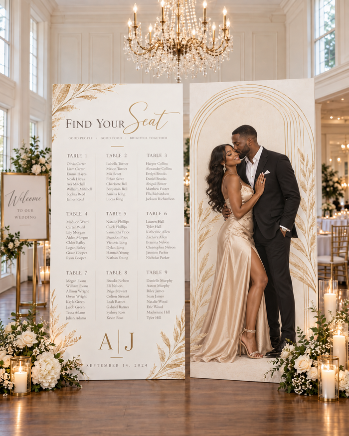 Custom wedding seating chart and photo board set with two 4 x 8 personalized event boards by Ten23 Designs
