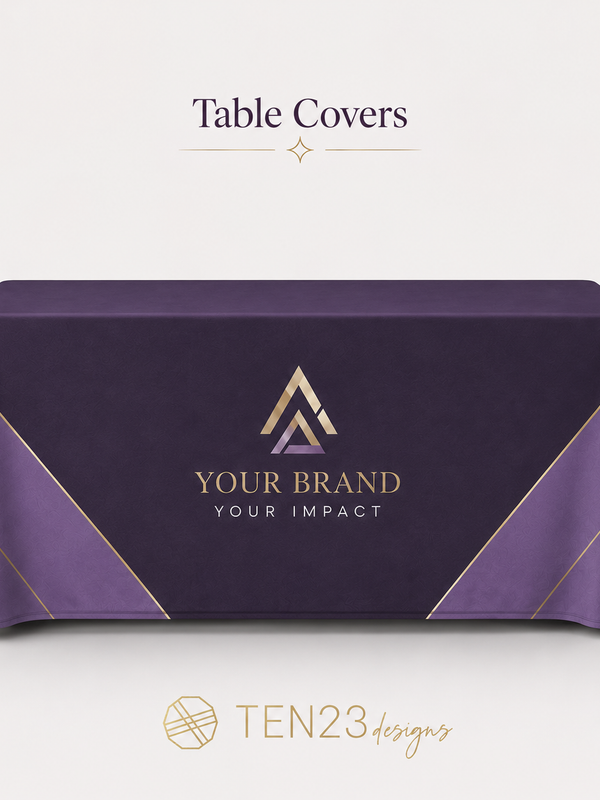 Custom branded table cover for events, trade shows and party decor in Tampa Bay FL — Ten23 Designs