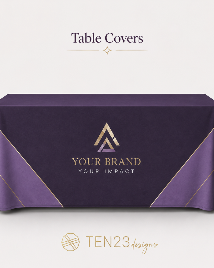 Custom branded table cover for events, trade shows and party decor in Tampa Bay FL — Ten23 Designs