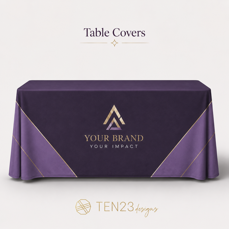 Custom branded table cover for events, trade shows and party decor in Tampa Bay FL — Ten23 Designs