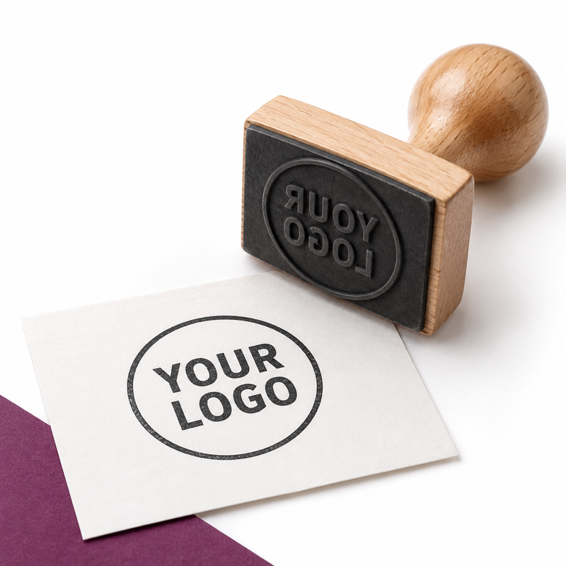 Custom logo rubber stamp mockup with sample logo impression