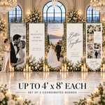 Five full size 4x8 coroplast photo boards shown with a 5 foot 6 inch person for scale