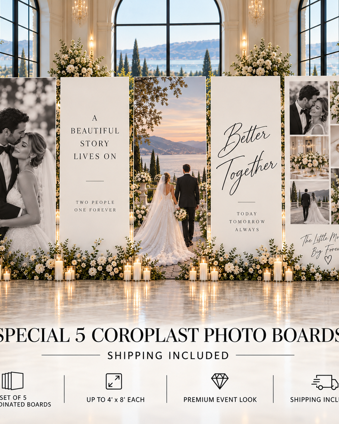 Five oversized 4x8 custom coroplast photo boards for a wedding event with shipping included