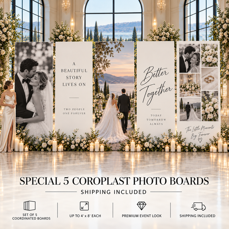 Five oversized 4x8 custom coroplast photo boards for a wedding event with shipping included