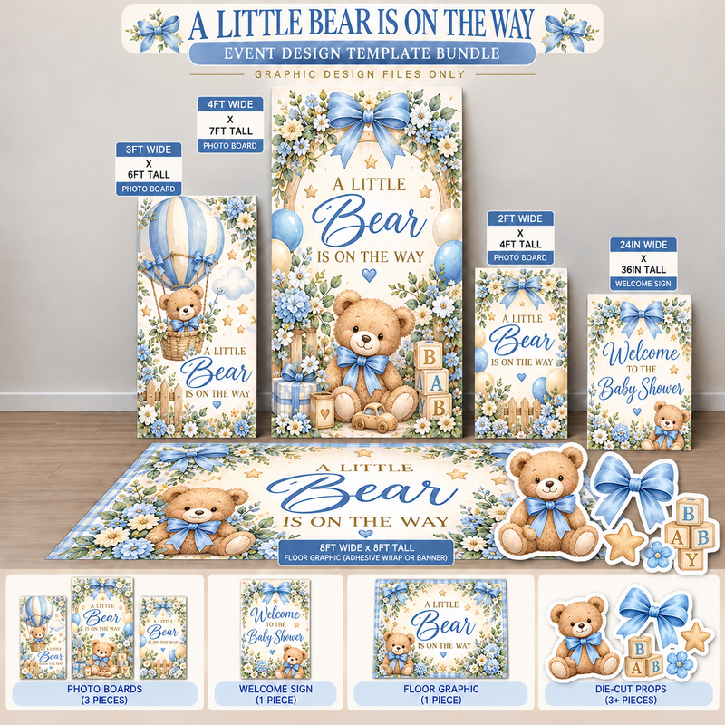 Ten23 Designs A Little Bear Is on the Way | Blue Teddy Bear Baby Shower Digital Event Template Bundle coordinated backdrop and floor graphic template design preview