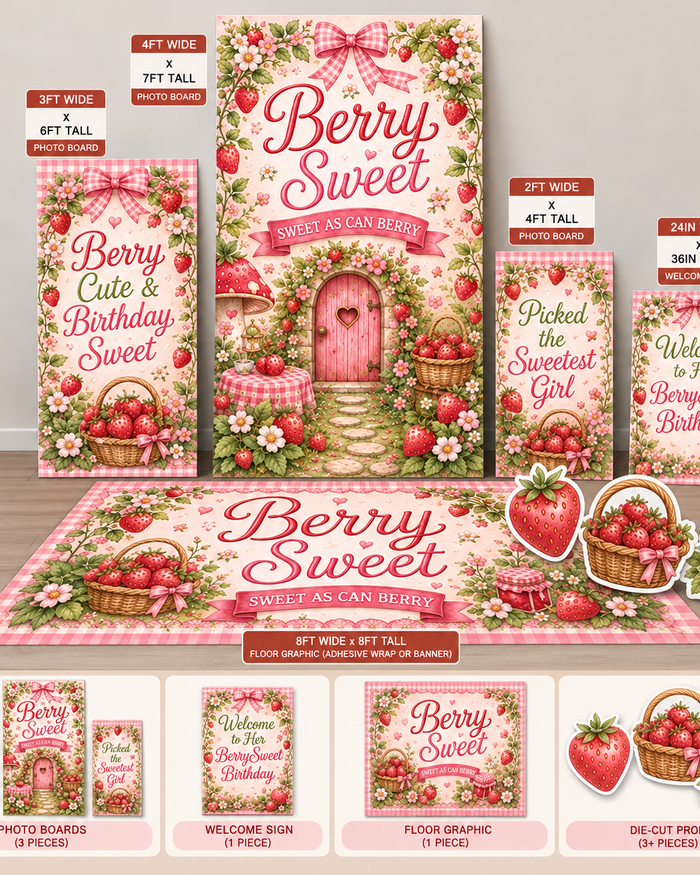 berry sweet Ten23 Designs coordinated digital event template bundle with photo boards, welcome sign and 8 by 8 floor graphic