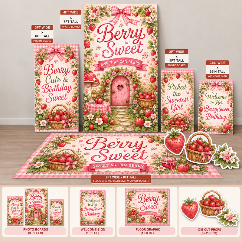 berry sweet Ten23 Designs coordinated digital event template bundle with photo boards, welcome sign and 8 by 8 floor graphic