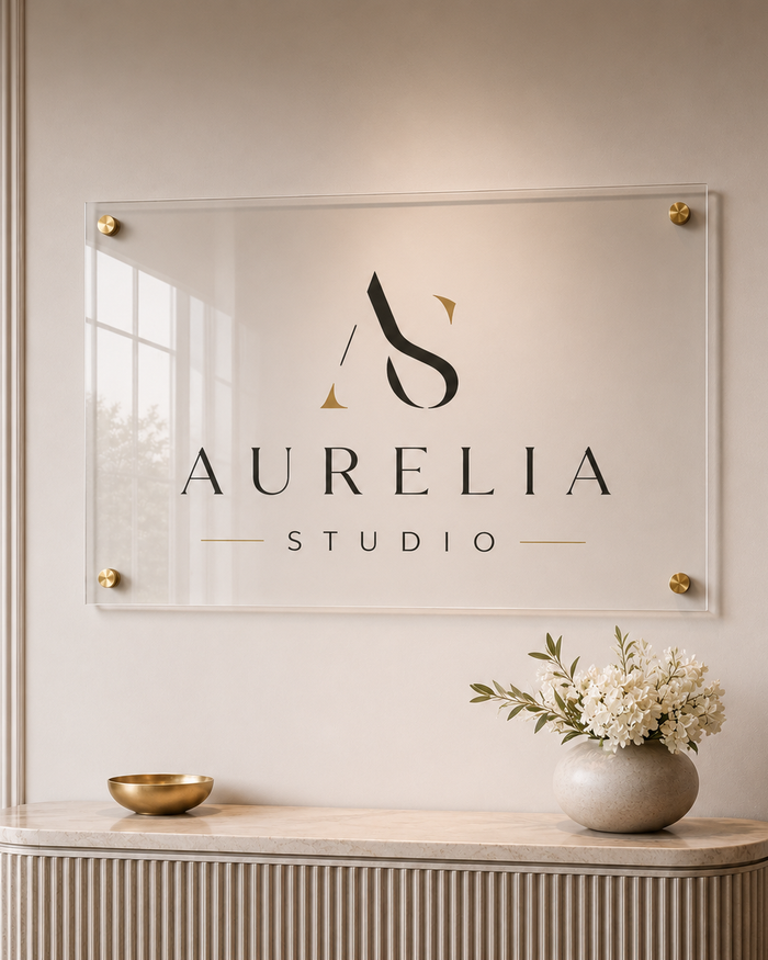 Custom Acrylic Logo Sign by Ten23 Designs, clear acrylic rectangle with printed business logo