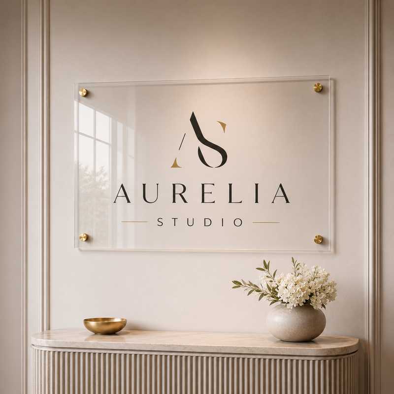 Custom Acrylic Logo Sign by Ten23 Designs, clear acrylic rectangle with printed business logo
