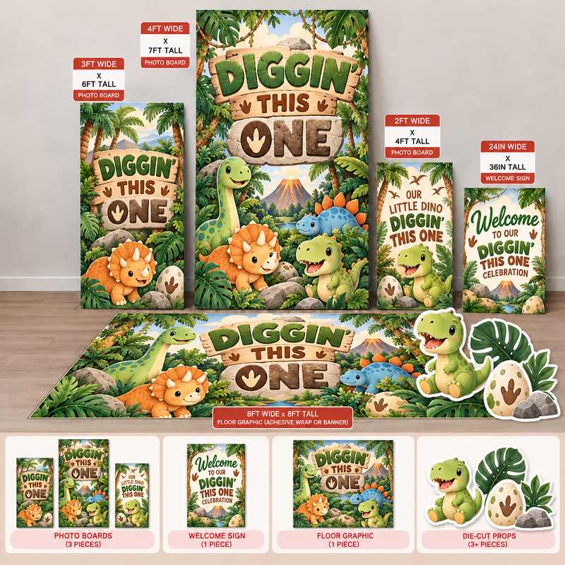 Ten23 Designs Diggin' This One | Dinosaur First Birthday Digital Event Template Bundle coordinated backdrop and floor graphic template design preview