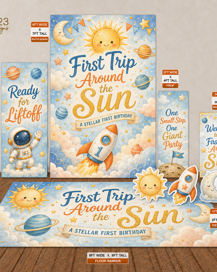 First Trip Around the Sun first birthday digital event design template bundle by Ten23 Designs