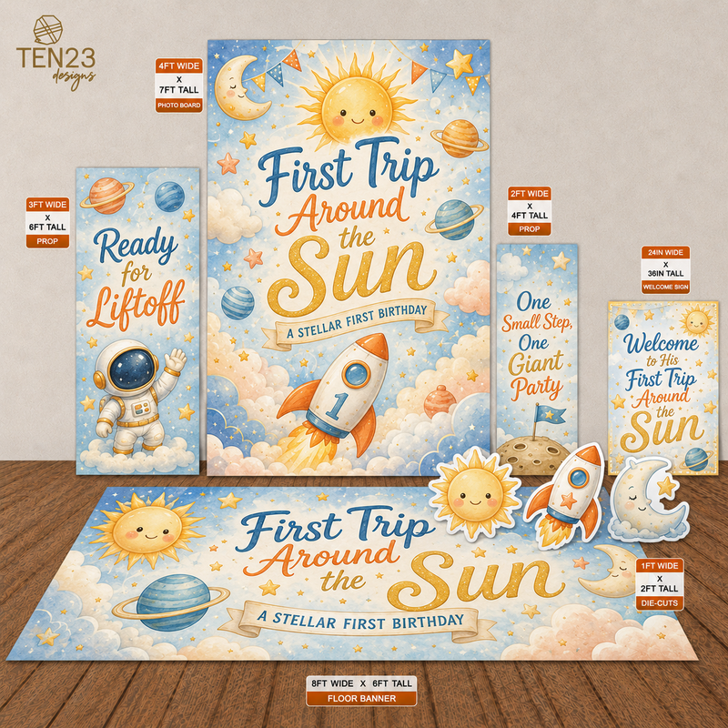 First Trip Around the Sun first birthday digital event design template bundle by Ten23 Designs