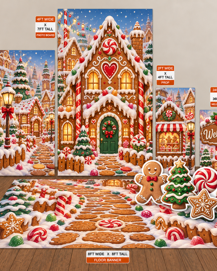 Gingerbread House | Christmas Candy Village Digital Event Design Template Bundle coordinated digital signage collection mockup by Ten23 Designs