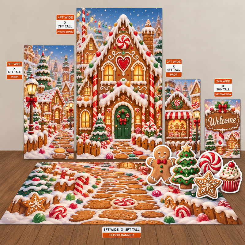 Gingerbread House | Christmas Candy Village Digital Event Design Template Bundle coordinated digital signage collection mockup by Ten23 Designs