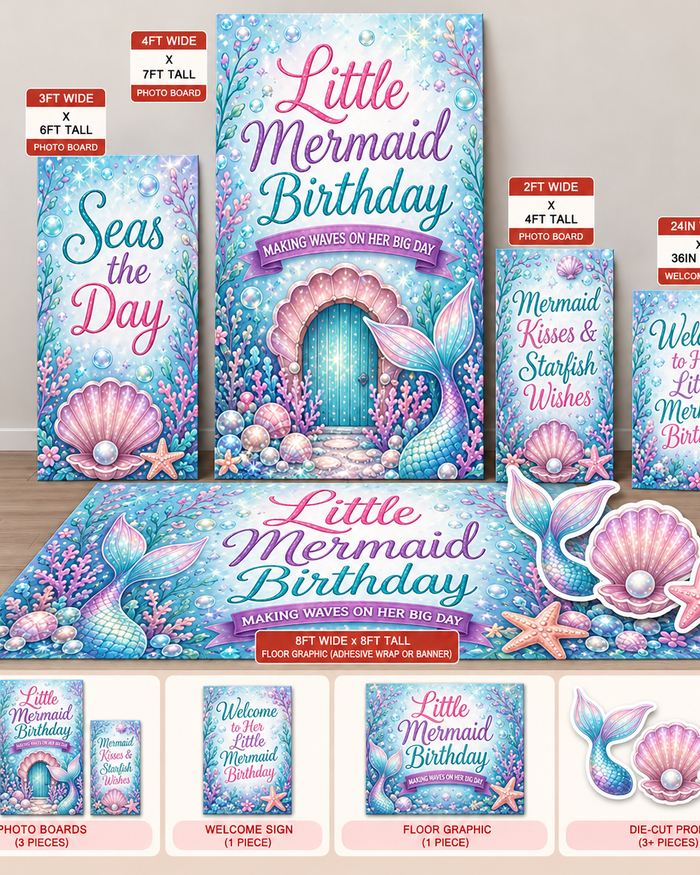 little mermaid birthday Ten23 Designs coordinated digital event template bundle with photo boards, welcome sign and 8 by 8 floor graphic