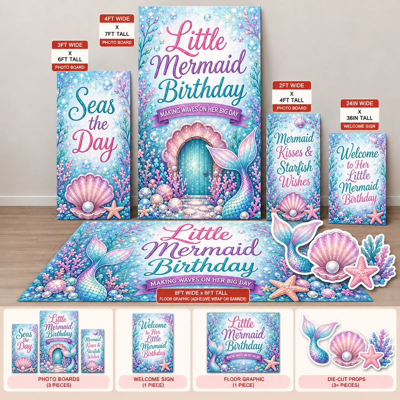 little mermaid birthday Ten23 Designs coordinated digital event template bundle with photo boards, welcome sign and 8 by 8 floor graphic