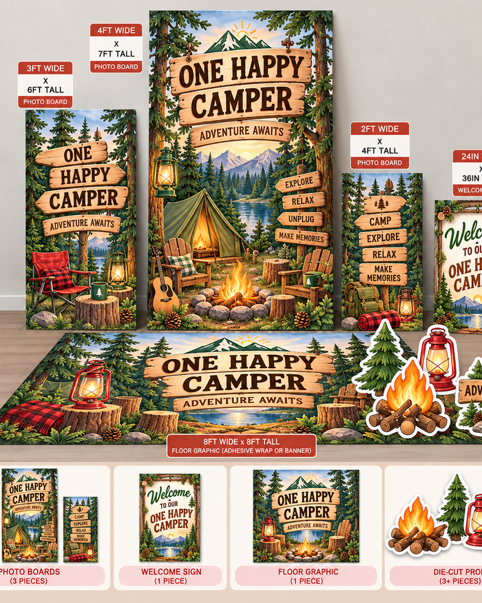 one happy camper Ten23 Designs coordinated digital event template bundle with photo boards, welcome sign and 8 by 8 floor graphic