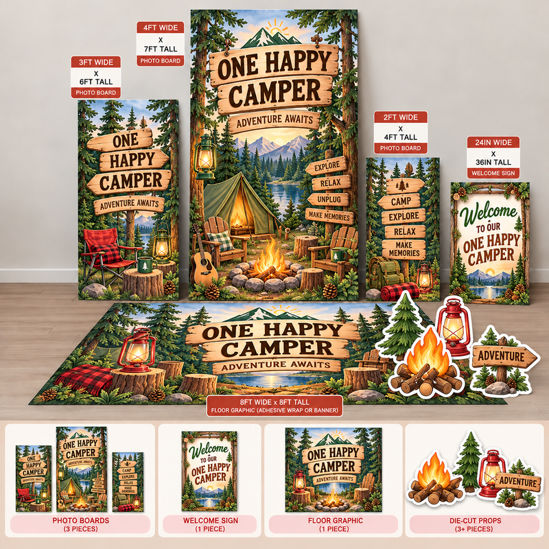 one happy camper Ten23 Designs coordinated digital event template bundle with photo boards, welcome sign and 8 by 8 floor graphic