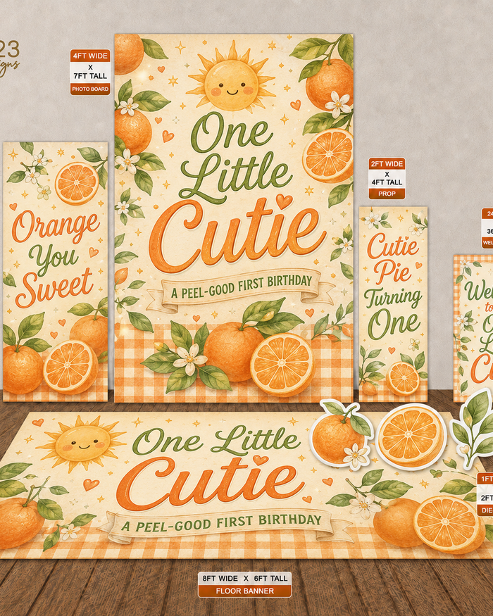 One Little Cutie orange first birthday digital event design template bundle by Ten23 Designs