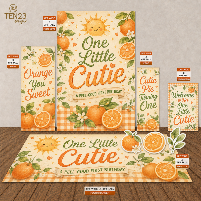 One Little Cutie orange first birthday digital event design template bundle by Ten23 Designs