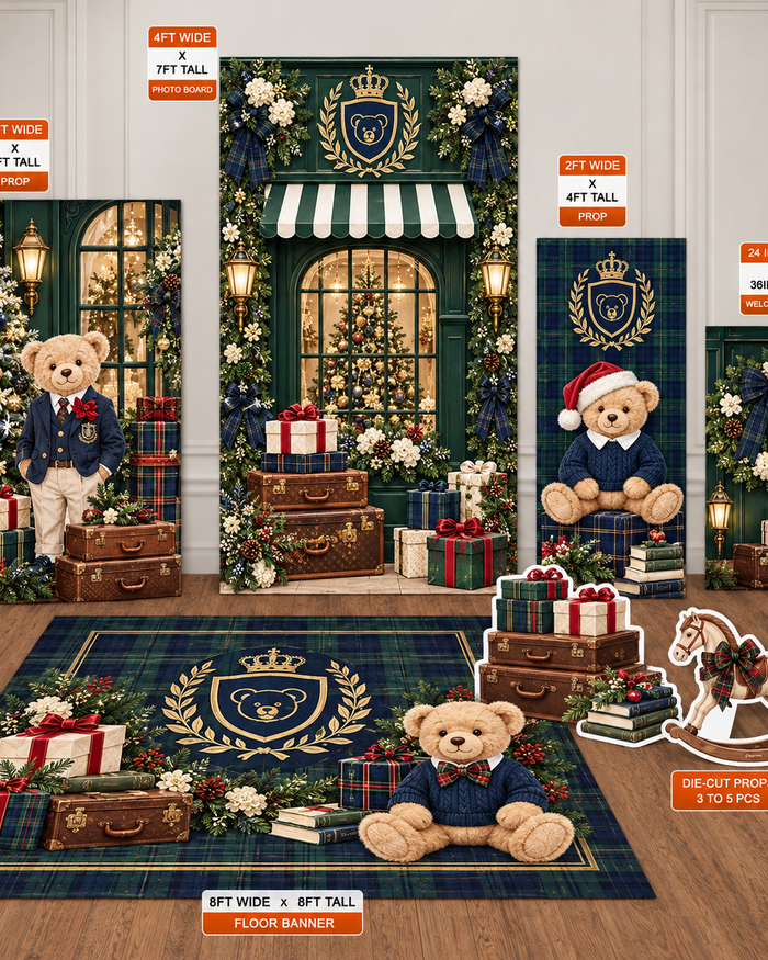 Ten23 Designs Preppy Teddy Bear Christmas | Navy + Forest Green Plaid Digital Event Template Bundle coordinated backdrop and floor graphic template design preview