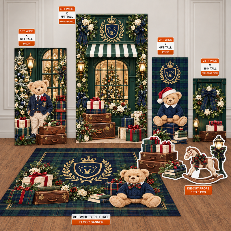 Ten23 Designs Preppy Teddy Bear Christmas | Navy + Forest Green Plaid Digital Event Template Bundle coordinated backdrop and floor graphic template design preview