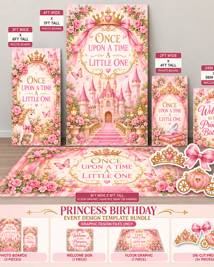 Ten23 Designs Once Upon a Time | Princess Birthday Digital Event Template Bundle coordinated backdrop and floor graphic template design preview