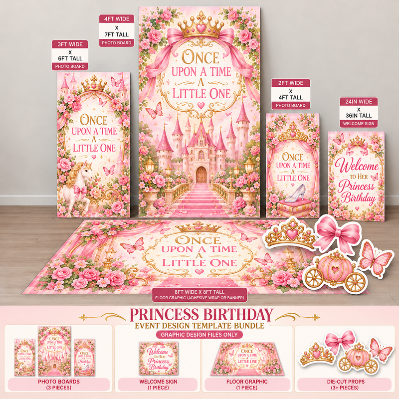 Ten23 Designs Once Upon a Time | Princess Birthday Digital Event Template Bundle coordinated backdrop and floor graphic template design preview