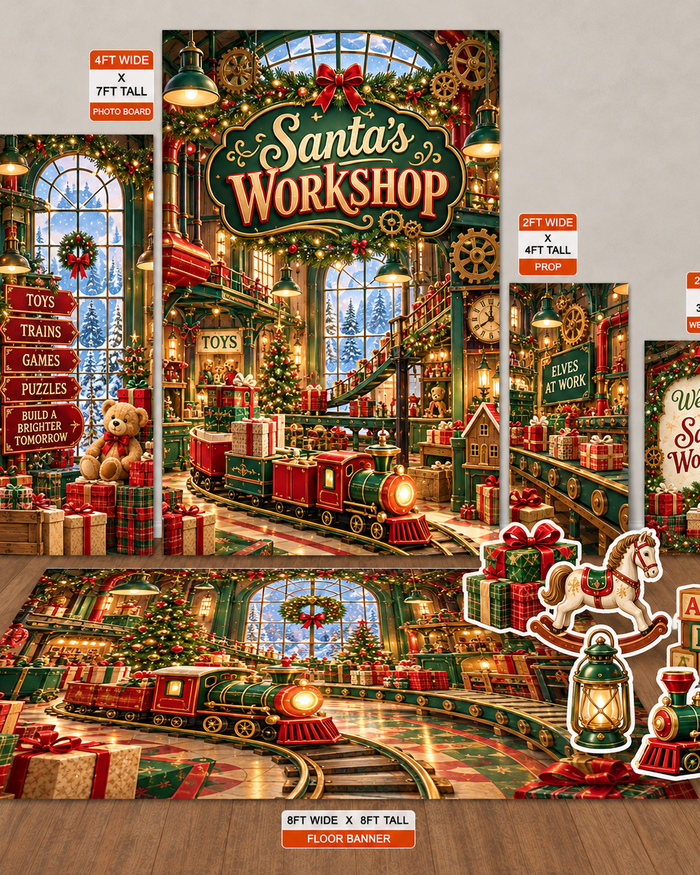 Ten23 Designs Santa's Workshop | Christmas Toy Factory Digital Event Template Bundle coordinated backdrop and floor graphic template design preview