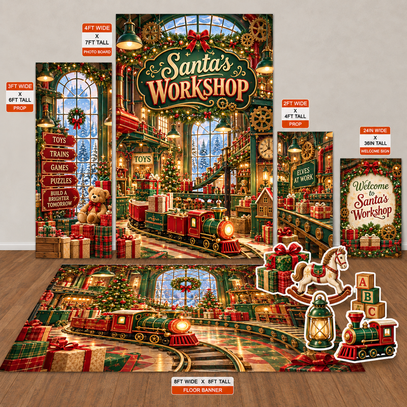 Ten23 Designs Santa's Workshop | Christmas Toy Factory Digital Event Template Bundle coordinated backdrop and floor graphic template design preview