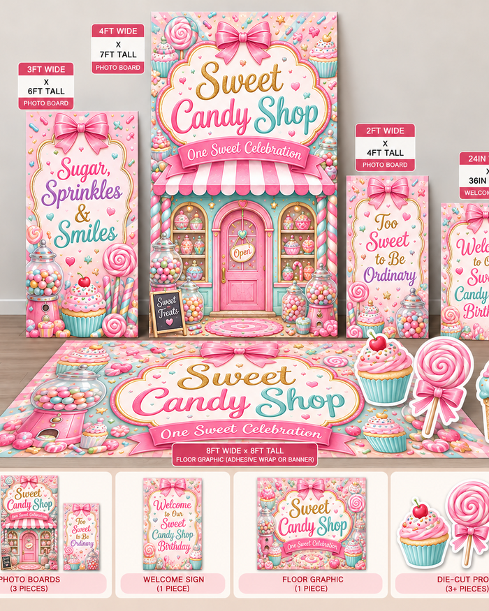 sweet candy shop Ten23 Designs coordinated digital event template bundle with photo boards, welcome sign and 8 by 8 floor graphic