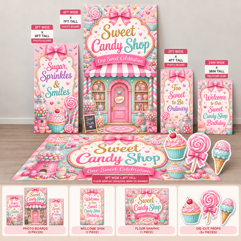 sweet candy shop Ten23 Designs coordinated digital event template bundle with photo boards, welcome sign and 8 by 8 floor graphic