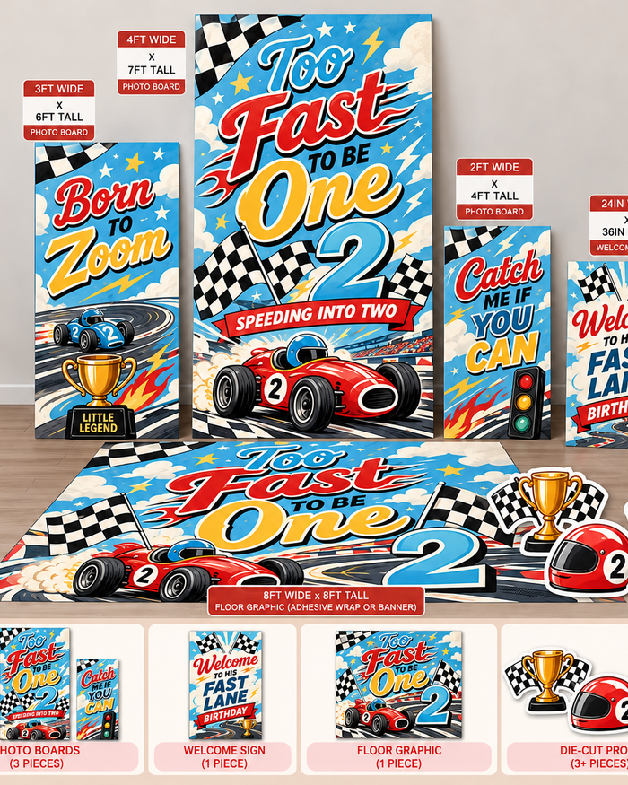 too fast to be one Ten23 Designs coordinated digital event template bundle with photo boards, welcome sign and 8 by 8 floor graphic