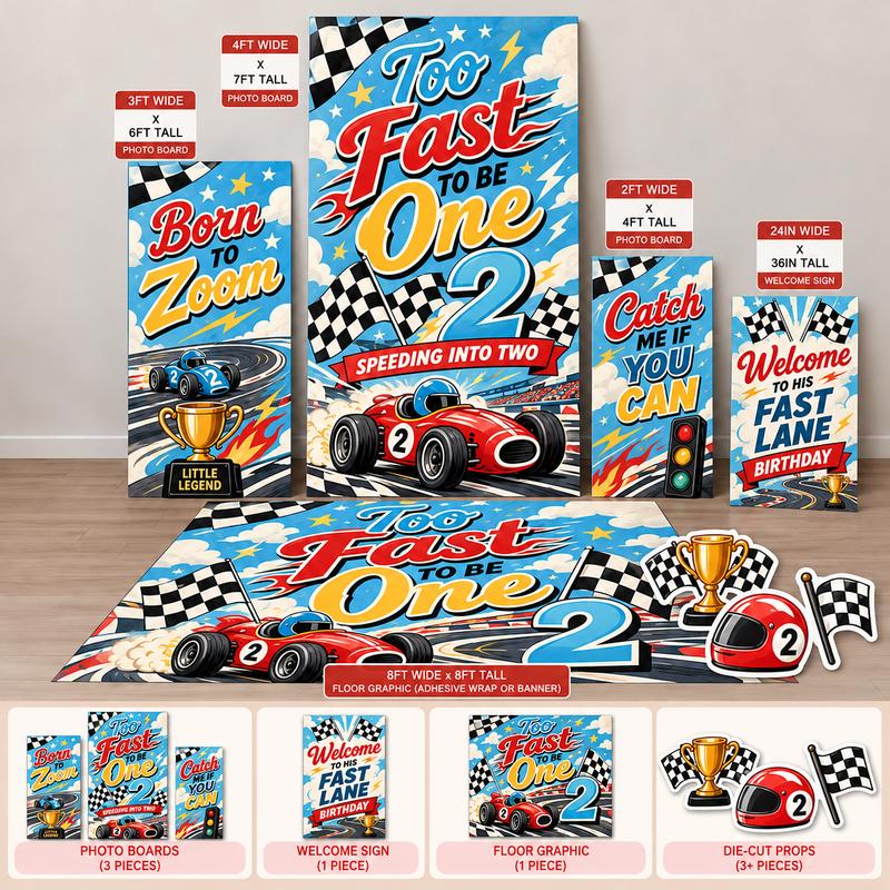 too fast to be one Ten23 Designs coordinated digital event template bundle with photo boards, welcome sign and 8 by 8 floor graphic