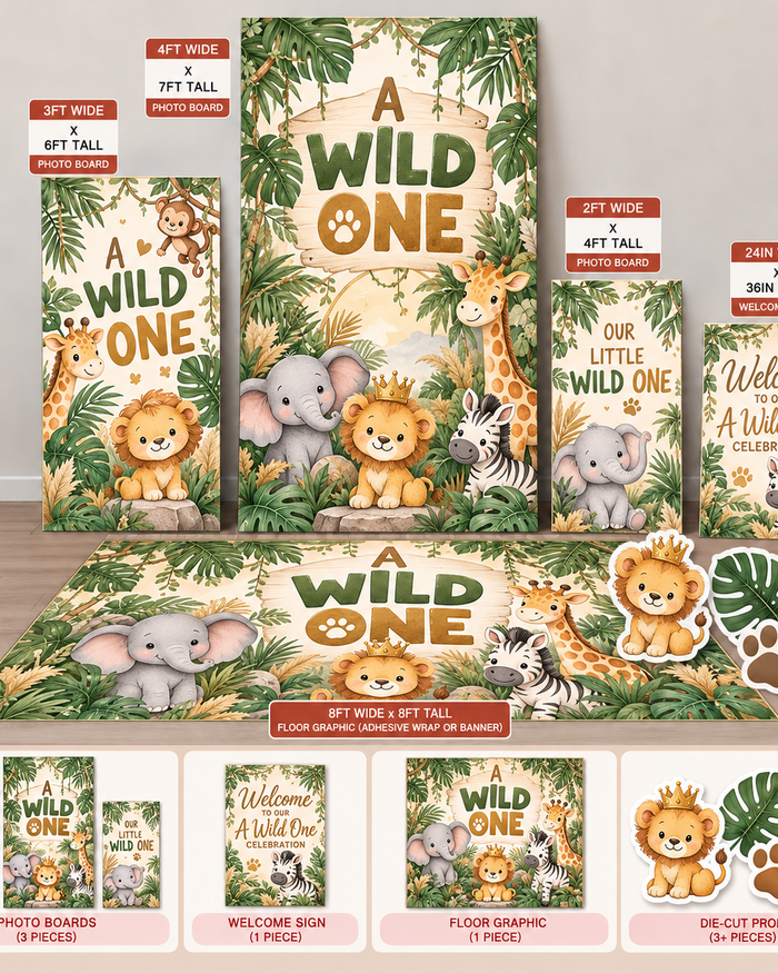 wild one safari Ten23 Designs coordinated digital event template bundle with photo boards, welcome sign and 8 by 8 floor graphic