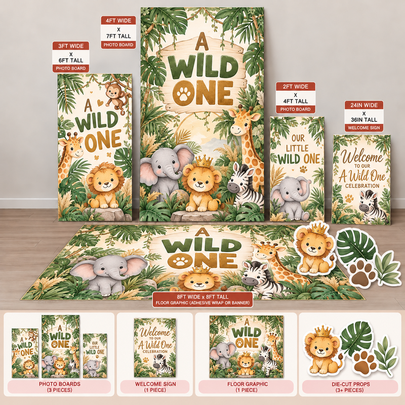 wild one safari Ten23 Designs coordinated digital event template bundle with photo boards, welcome sign and 8 by 8 floor graphic