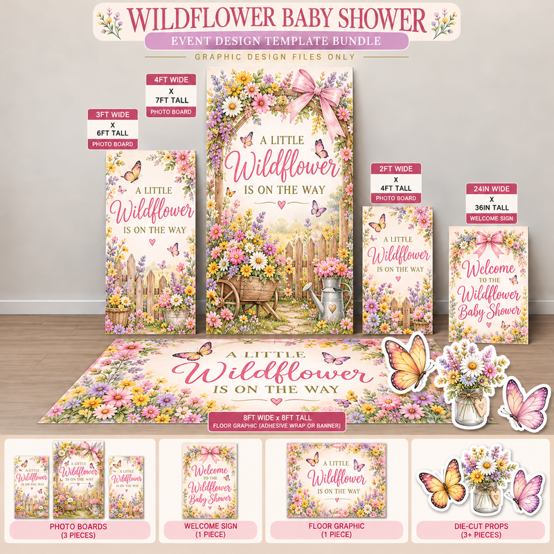 Ten23 Designs Wildflower Baby Shower | Floral Event Design Digital Template Bundle coordinated backdrop and floor graphic template design preview