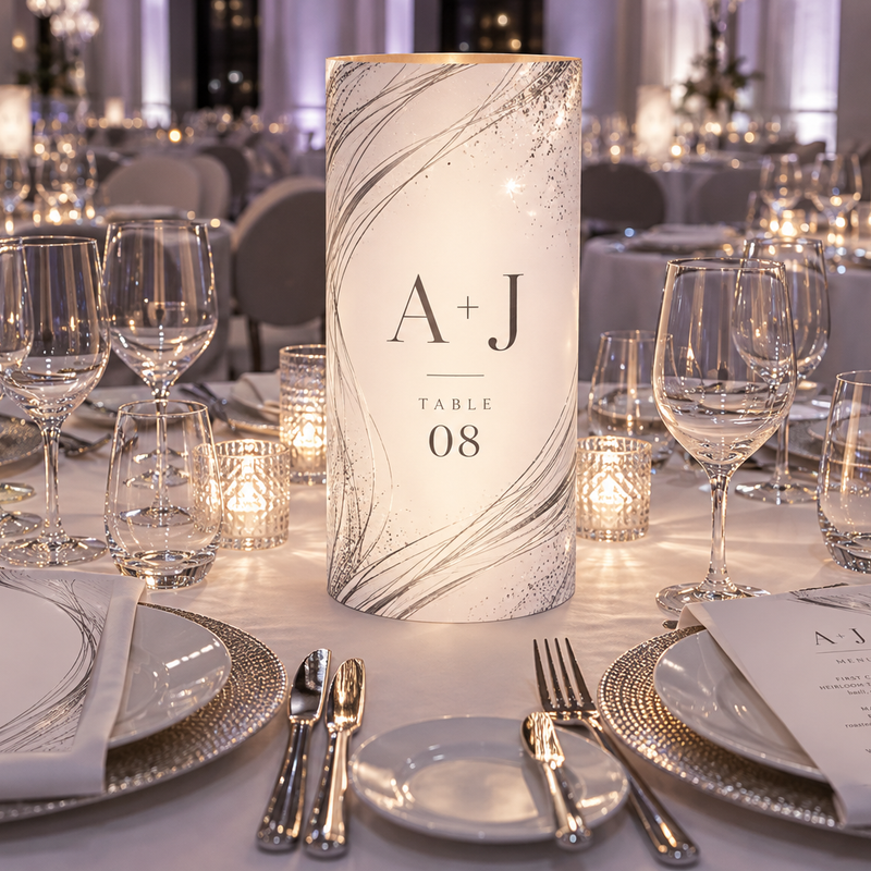 TableTalks by Ten23 custom wedding table number centerpiece design concept with full-bleed printing